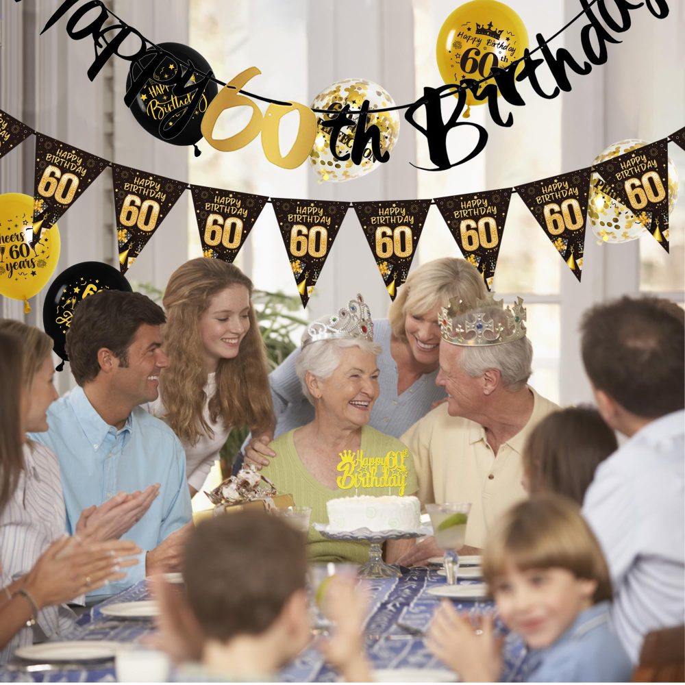 60th Birthday Decorations for Men - 44Pcs Black Gold Party Balloon Banner Decor Set 60th Birthday Yard Banners Confetti Latex Balloons Happy Birthday Cake Topper for Men 60 Years Old Party Supplies - Image 3