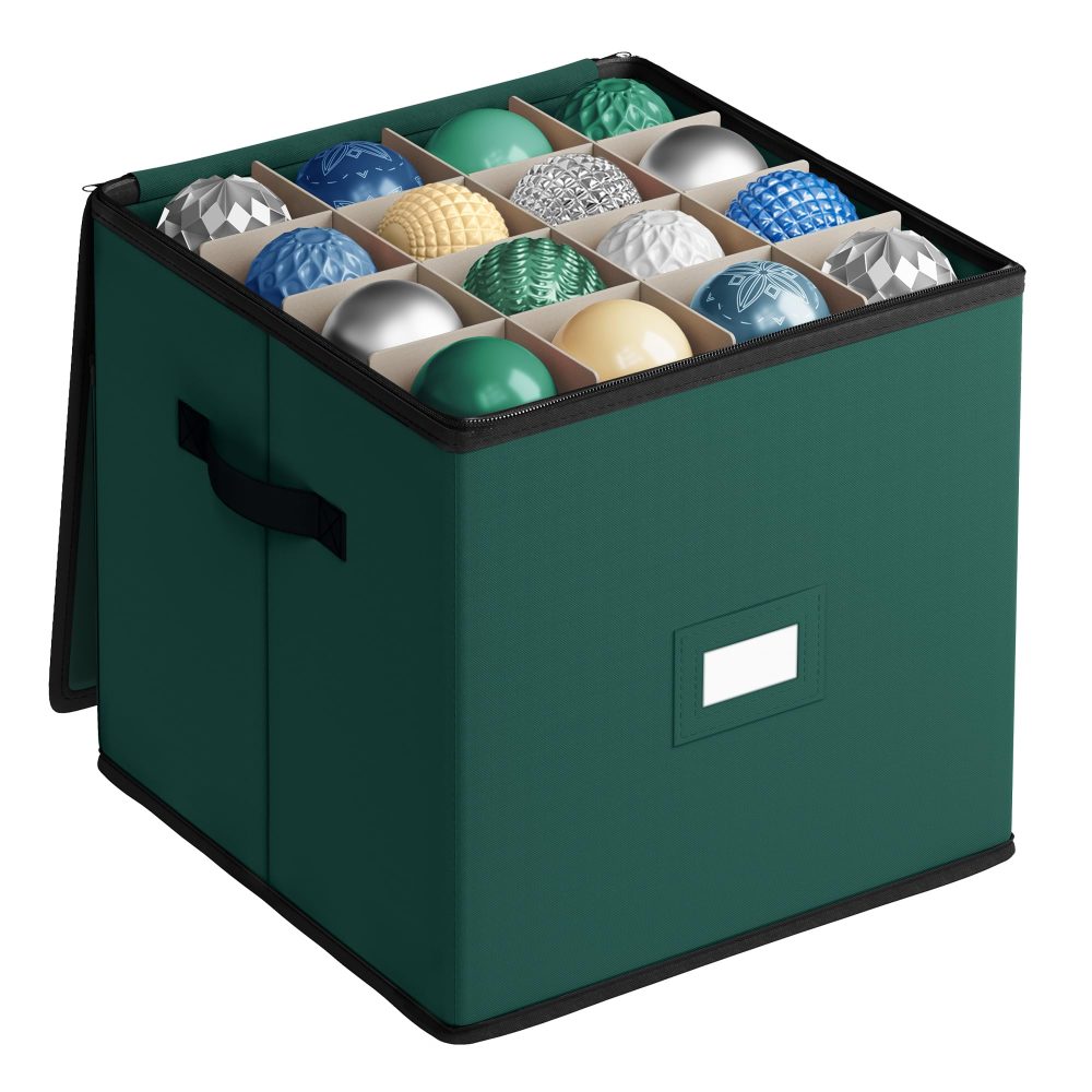 SONGMICS Christmas Decoration Storage Box, 7.6 cm 64 Slots, Stackable Christmas Bauble Storage Box with Lid, Dual Zippers, Adjustable Dividers, Non-Woven Fabric, Forest Green RFB036C01