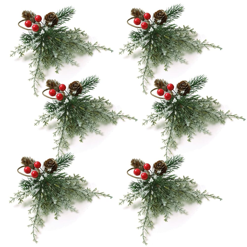 LouisaYork Christmas Napkin Rings Set of 6, Pine Cones Napkin Ring Decor Napkin Ring Holder, Xmas Cedar Red Berry Napkin Ring for Christmas Wedding Party Champagne Bottle Banquet Table Decorations