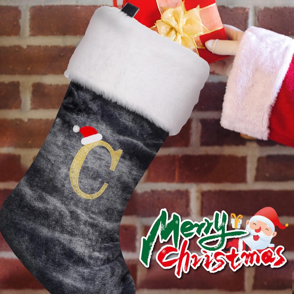 Personalized Xmas Stockings 45cm Large Initial Monogram Embroidered Letter Christmas Stocking Grey Velvet Classic Christmas Stockings Xmas Holiday Decor Tree Decoration for Kids & Adults Gift (A) - Image 6