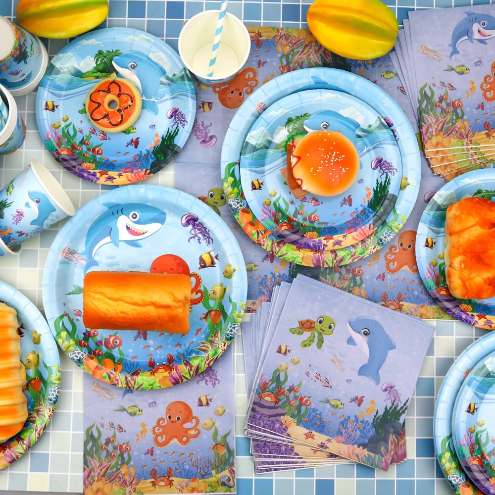 Under the Sea Party Supplies - Ocean Sea Party Tableware - Plates Cups Napkins Tablecloth Banner Balloons Cake Toppers for Underwater World Birthday Party Decorations, Serves 20 - Image 4