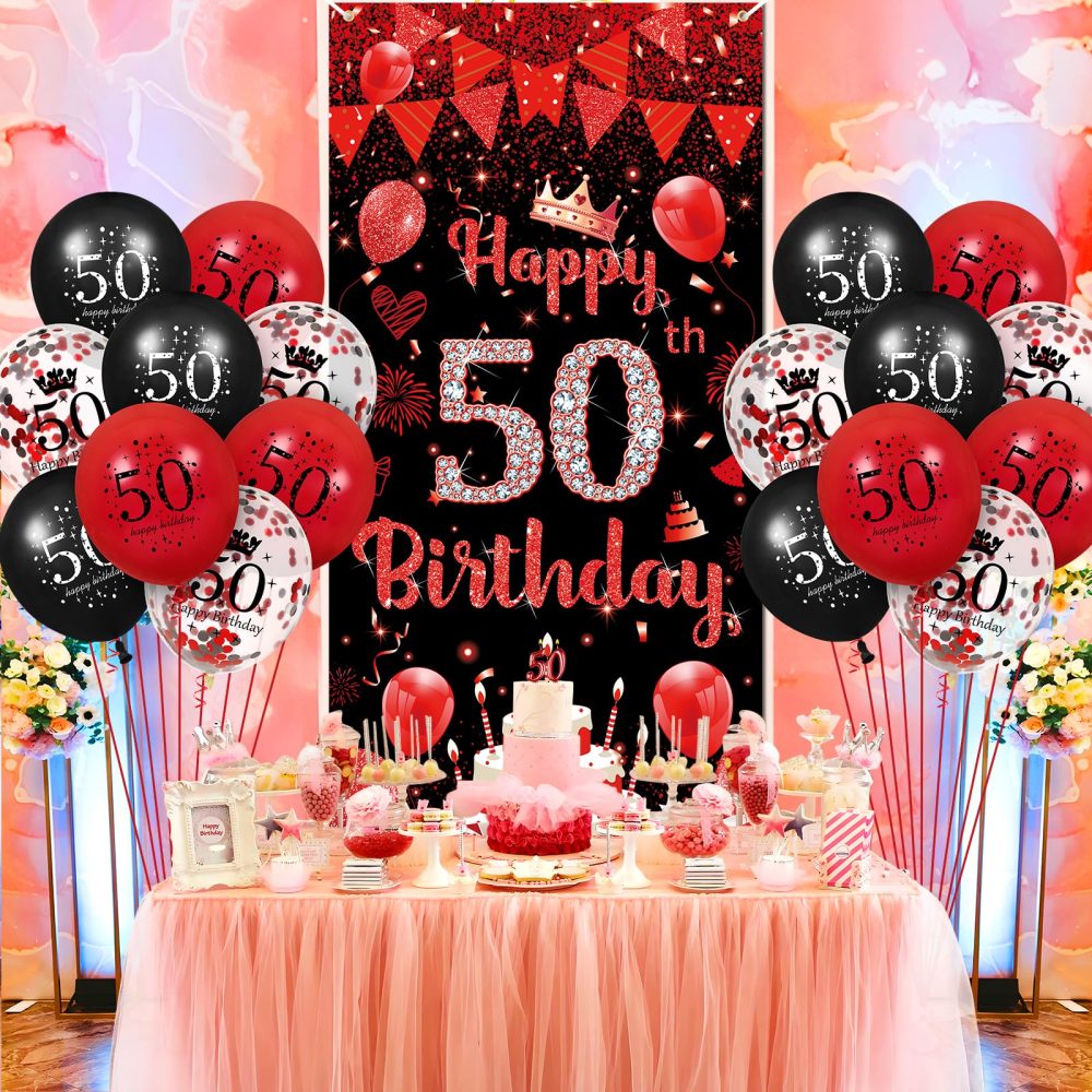 Red 50th Birthday Decorations for Women Men, Red Black Happy Birthday Party Door Banner Cover 18PCS 50th Red Birthday Balloons Supplies for 50 Years Old Birthday Anniversary Party Backdrop Decor - Image 6