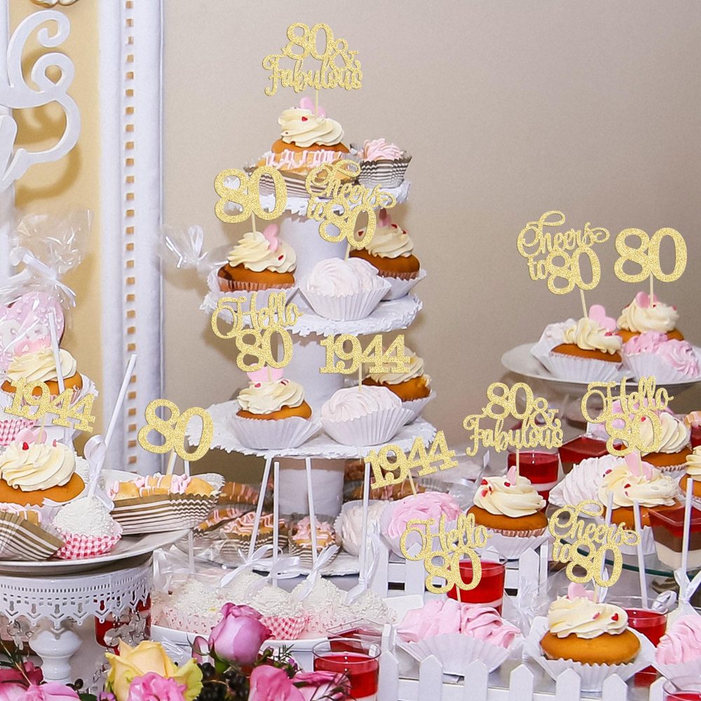 Gyufise 30Pcs 80th Birthday Cupcake Toppers 80 Fabulous Cupcake Picks Cheers to 80 1944 Cake Decorations for Happy 80th Birthday Wedding Anniversary Party Decoration Supplies Gold - Image 3