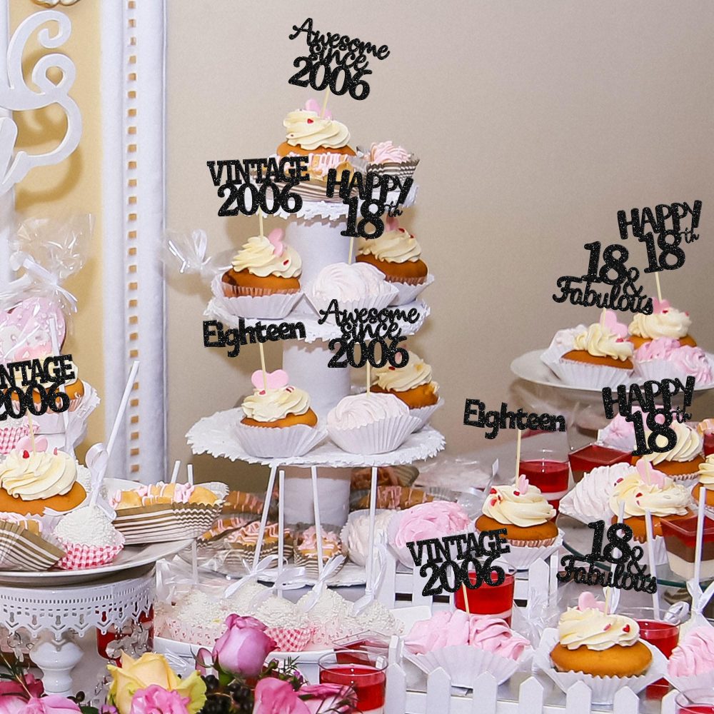 Gyufise 30Pcs Vintage 2006 Cupcake Toppers Glitter Eighteen Happy 18th Cupcake Picks Happy 18th Birthday Cake Decorations for Happy 18th Birthday Fabulous Anniversary Party Supplies Black - Image 3