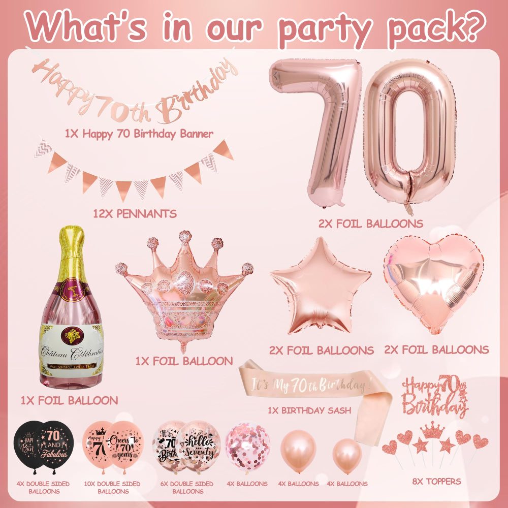 70th Birthday Decorations for Women - Rose Gold Balloons - 70th Rose Gold Birthday Decorations, Banner, Cake Topper, Cupcake Topper - Birthday Party Supplies Kit - Image 7