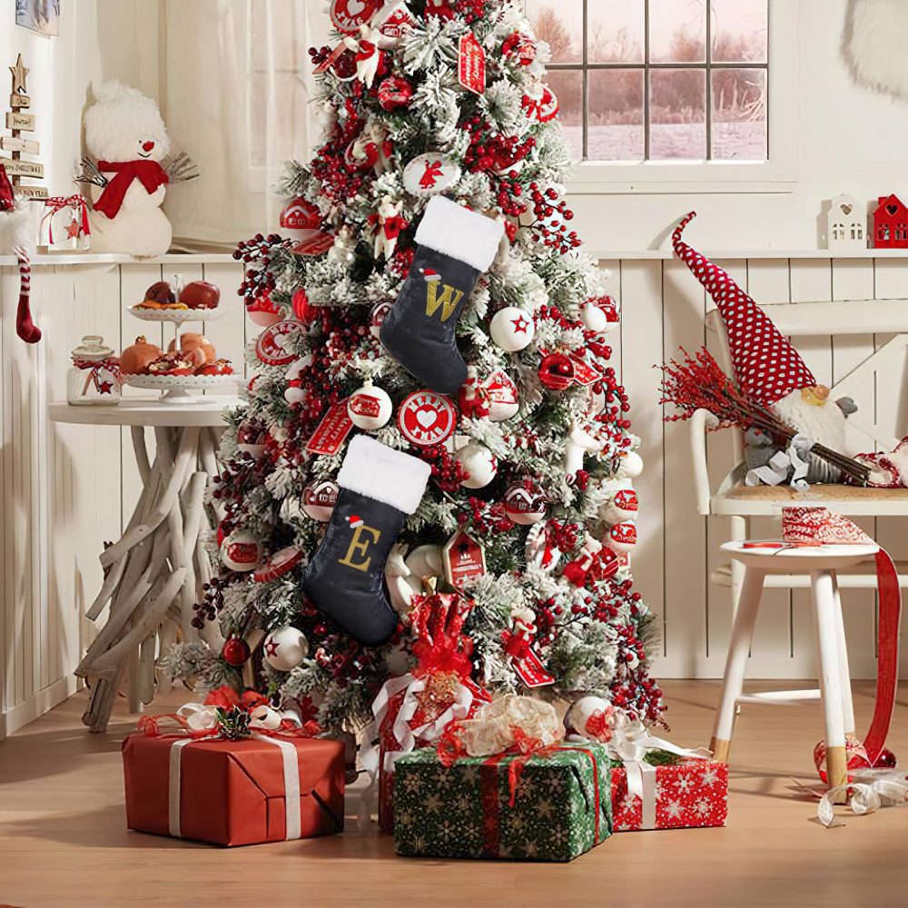 Personalized Xmas Stockings 45cm Large Initial Monogram Embroidered Letter Christmas Stocking Grey Velvet Classic Christmas Stockings Xmas Holiday Decor Tree Decoration for Kids & Adults Gift (A) - Image 3