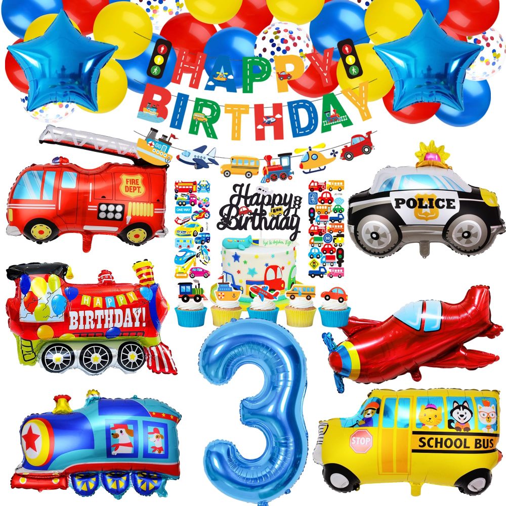 Transportation 3rd Birthday Decorations Boy - Transport Vehicle Themed Party Set Includes Banner Cake Topper Stickers Latex Train Plane Fire Truck Balloons for 3 Year Old Boys Cars Party Supplies