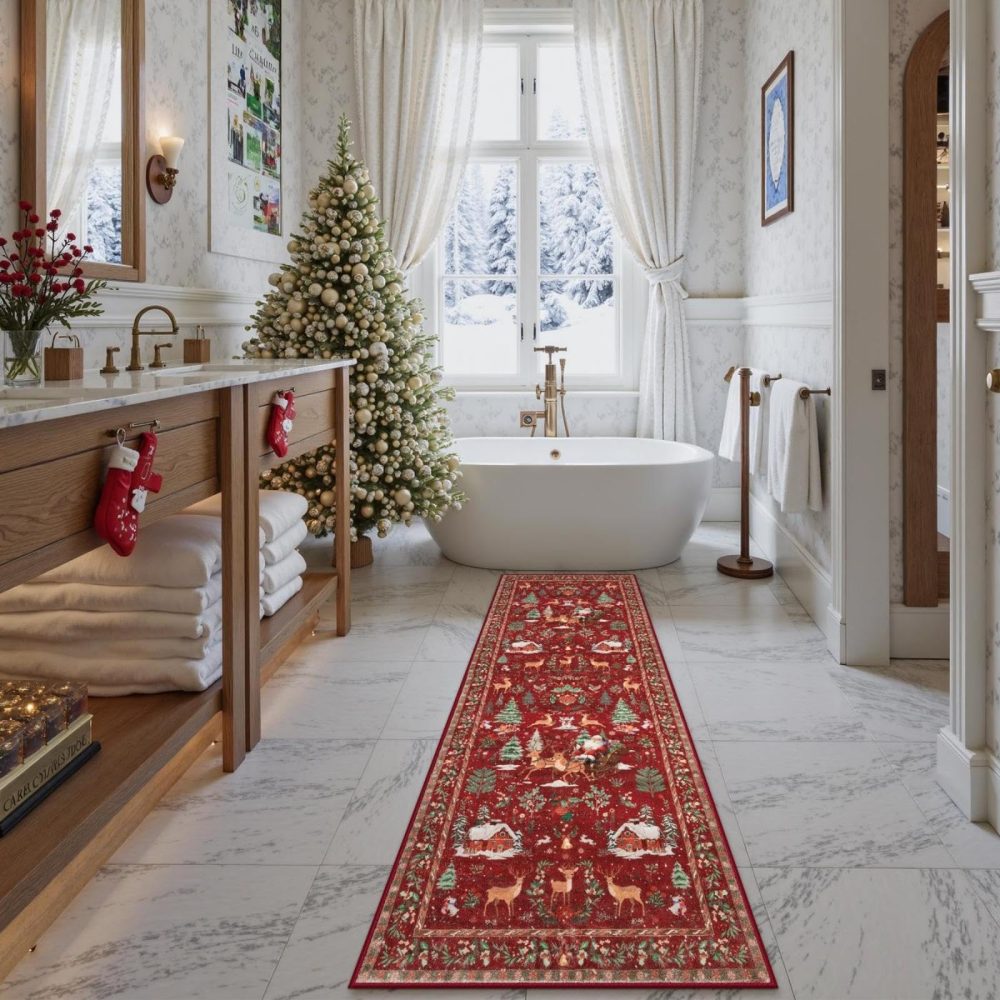 Lahome Christmas Runner Rug 2x6 Red Runners for Hallways,Kitchen Rugs Non Slip Washable Entryway Carpet Runner,Soft Christmas Tree Santa Claus Runners for Bathroom Bedside Holiday Decor(2'x6',Red) - Image 3