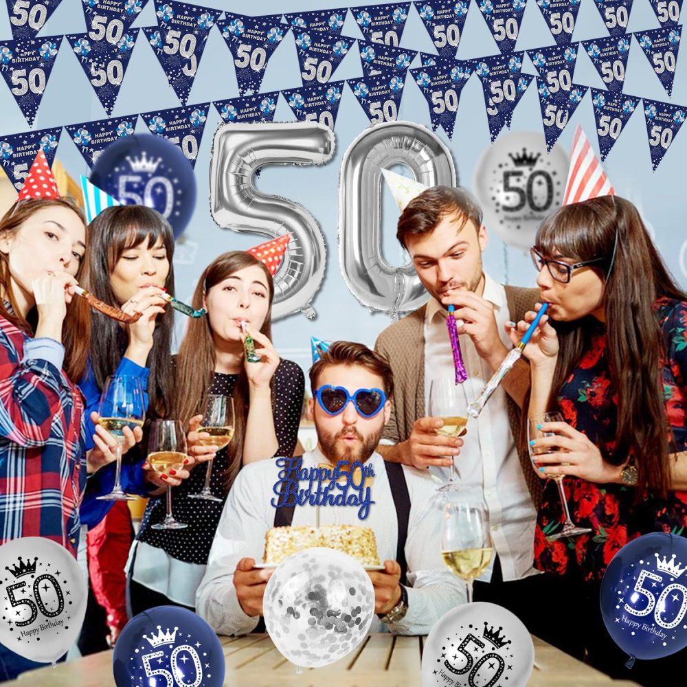 50th Birthday Decorations for Men, Happy 50th Birthday Banner Blue and Silver Party Decorations, 50th Birthday Balloons, Navy Blue and Silver Balloons Cake Topper for Men 50 Birthday Party Supplies - Image 6