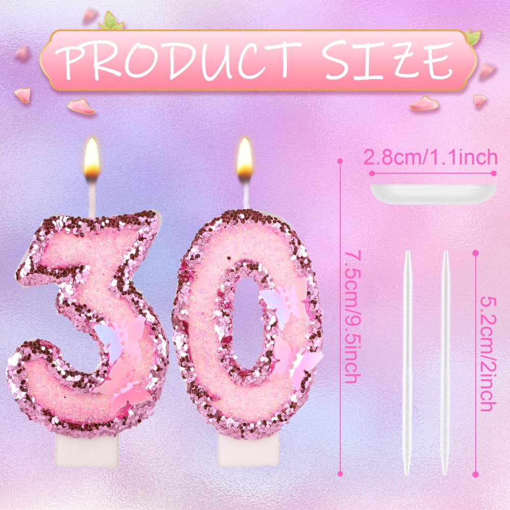 Girls Birthday Number 30 Candles, 2.95in Glitter Butterfly Happy Birthday Cake Toppers Pink Sequins Wedding Numeral Cupcake Decorations for Anniversary Celebration Party Supplies (30th) - Image 7