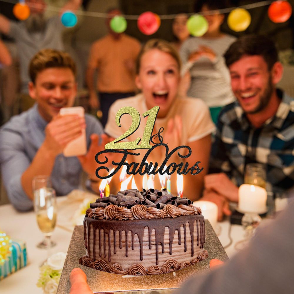 21 & Fabulous Birthday Cake Topper, Siipoo Black Gold Glitter Cake Topper for 21th Happy Birthday Anniversary Party Decoration Supplies - Image 2