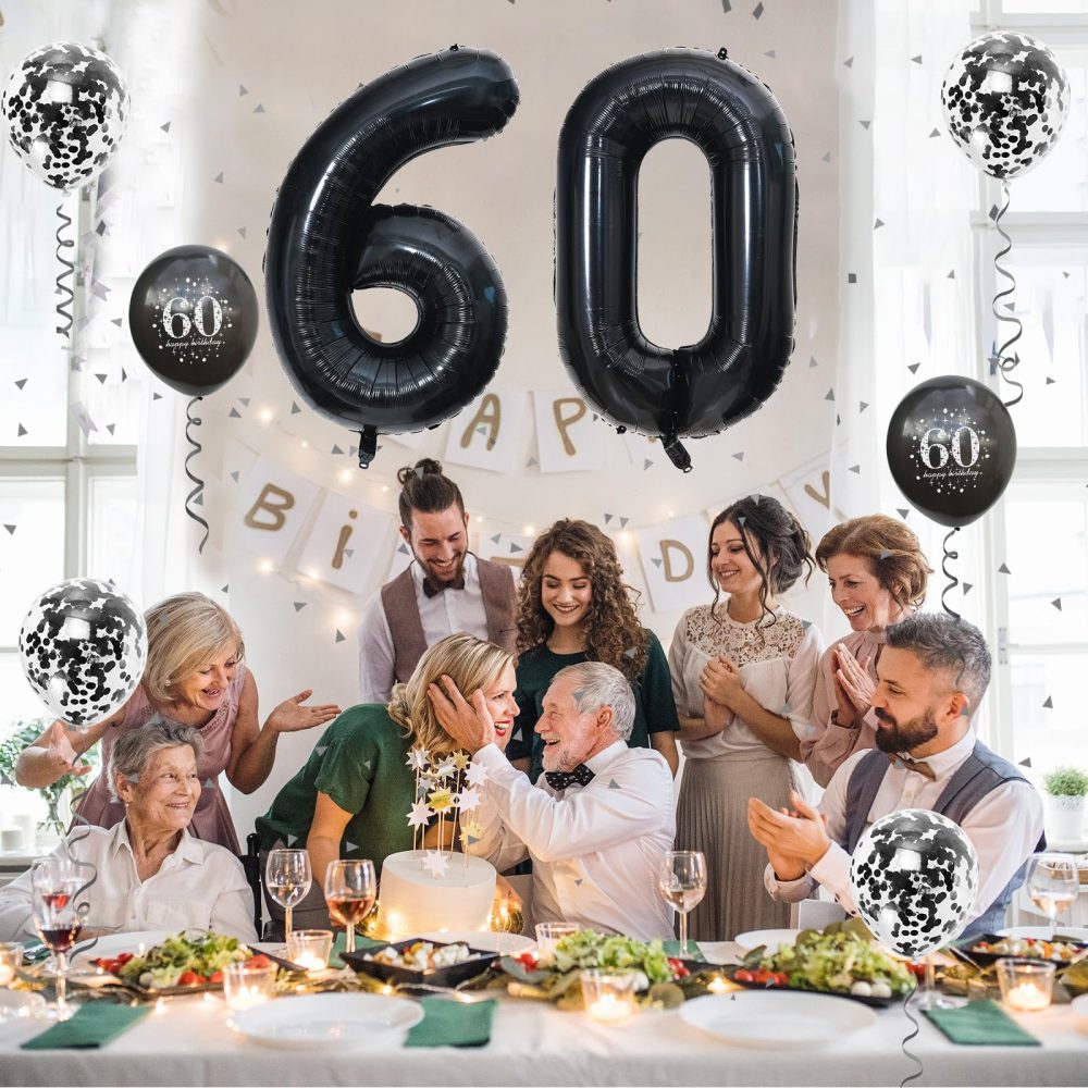 60th Birthday Decorations for Men, 60th Birthday Balloons with Black 40 Inch Foil Number 60 Balloon, Metallic Latex Balloons Birthday Print Confetti Balloons Set for Women 60th Balloons Decor Supplies - Image 5