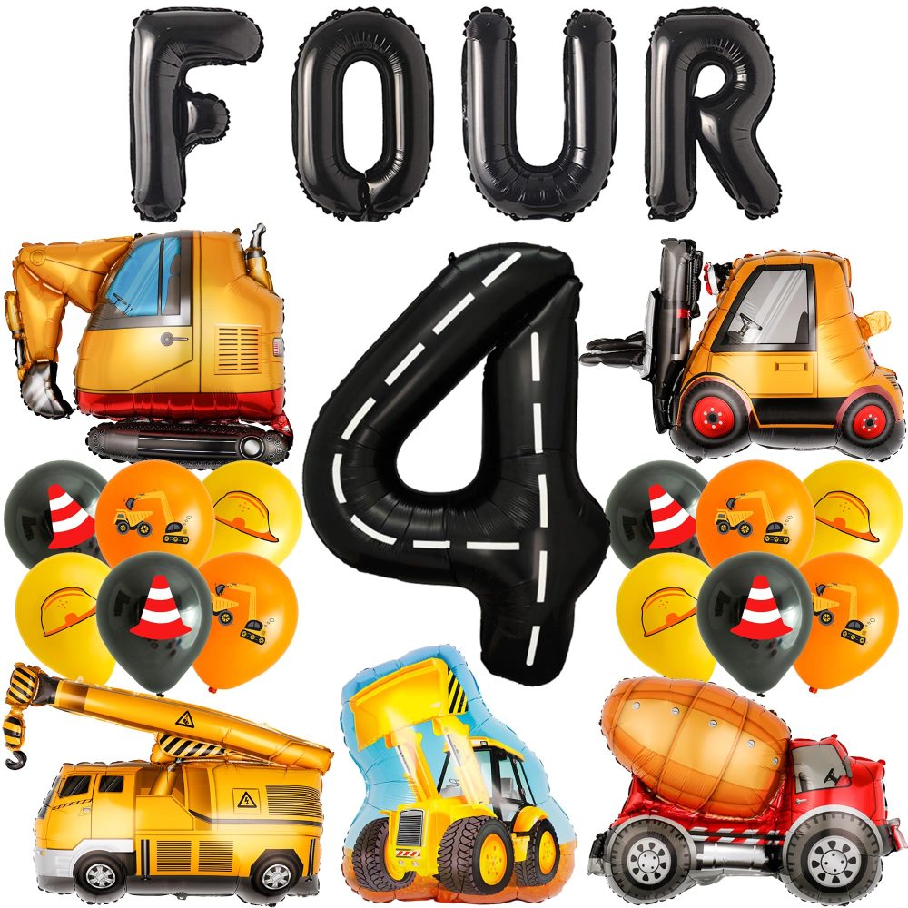 4th Birthday Construction Decorations Boys - 22 Pieces Vehicle Party Decoration Black Letter Four Balloons Digger Excavator Crane Cement Truck Bulldozer Balloon for Kids 4 Year Old Party Supplies