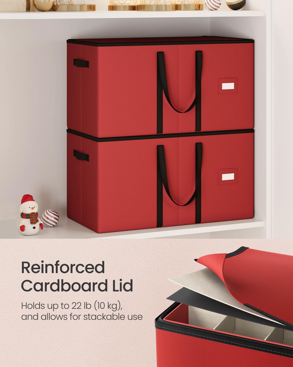 SONGMICS Christmas Decoration Storage Box, 7.6 cm 128 Slots, Stackable Christmas Bauble Storage Box with Lid, Dual Zippers, Adjustable Dividers, Non-Woven Fabric, Cherry Red RFB039R01 - Image 5