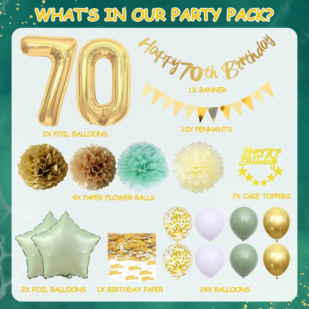 Sage Green 70th Birthday Decorations - Gold and Green 70th Party Supplies Includes Pull Flag Cake Topper Cupcake Topper Latex Balloons 70th Birthday Balloons for Women Men 70th Birthday - Image 7