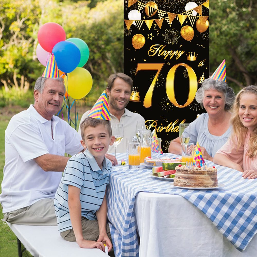 70th Birthday Decorations Banner, Black Gold Happy 70th Birthday Party Door Banner, 70th Birthday Photo Backdrop Photography Background for Men Women Birthday Party Door Wall Decoration 72.8×35.4 inch - Image 5