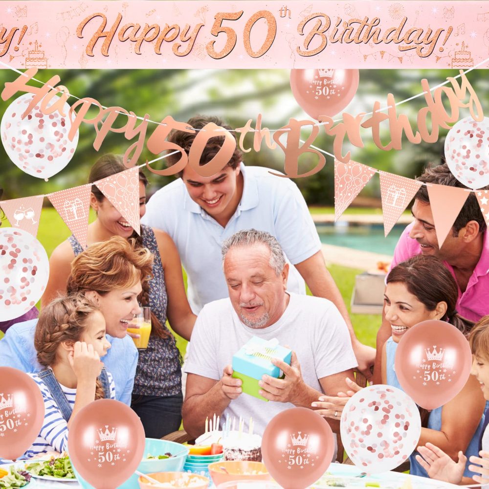 50th Birthday Decorations Kit Rose Gold Happy 50th Birthday Banner Triangle Flag Confetti Balloons Birthday Party Decorations Supplies Age 50 - Image 2