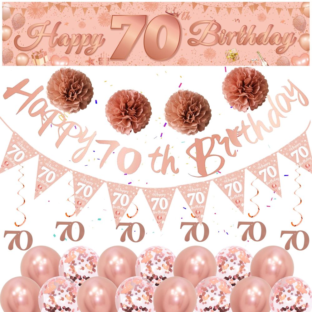 Rose Gold 70th Birthday Banner - 33 Pieces Rose Gold Birthday Party Decor Strip Banner Triangle Flag Rose Gold Hanging Paper Flower Matte Rose Gold Sequins Balloon for Women 70th Birthday Party Decor