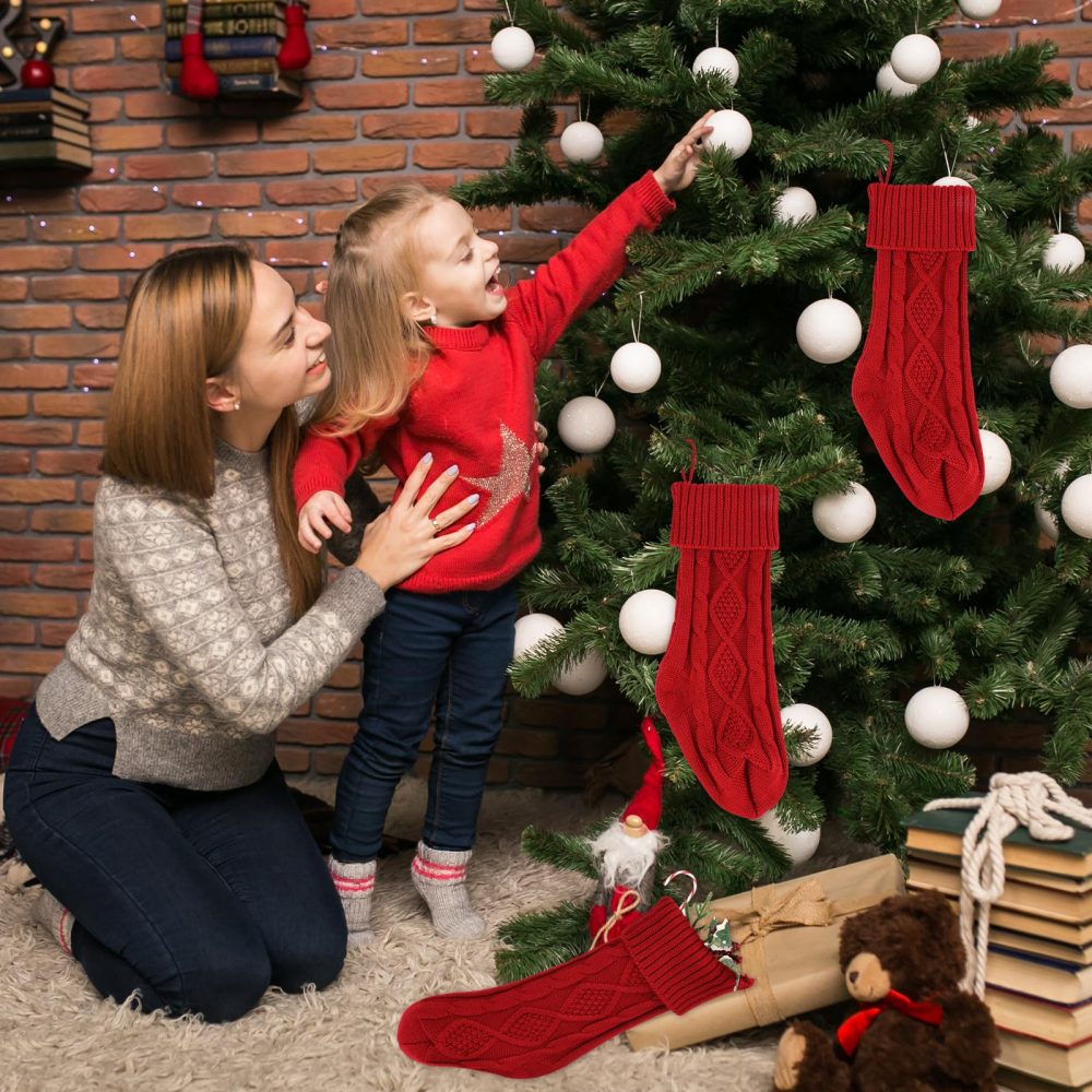 Giantree Classic Red Christmas Stockings, 18 Inch Large Knitted Christmas Socks Family Holiday Decorations for Fireplace or Party Decoration - Image 2