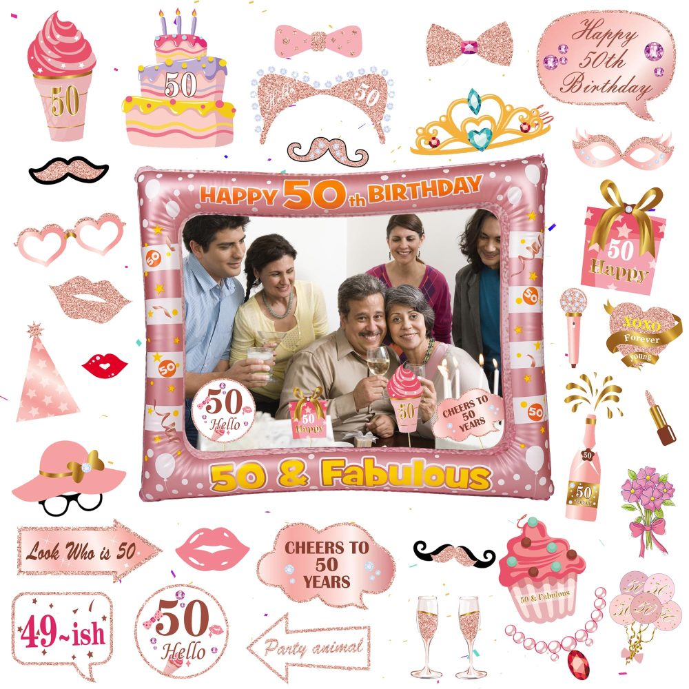 Rose Gold 50th Photo Props - 34 Pieces 50th Photo Booth Props Rose Gold Inflatable Selfie Frame 50th Birthday Photo Booth Props for Women Men 50th Birthday Party Supplies 50th Birthday Gift