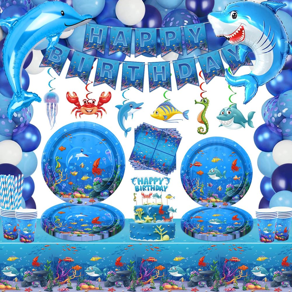 188 Pack Under the Sea Party Supplies Ocean Sea Party Tableware Set - Plates Cups Napkins Tablecloth Banner Balloons Cake Toppers for Underwater World Summer Beach Birthday Party Decorations Serves 20