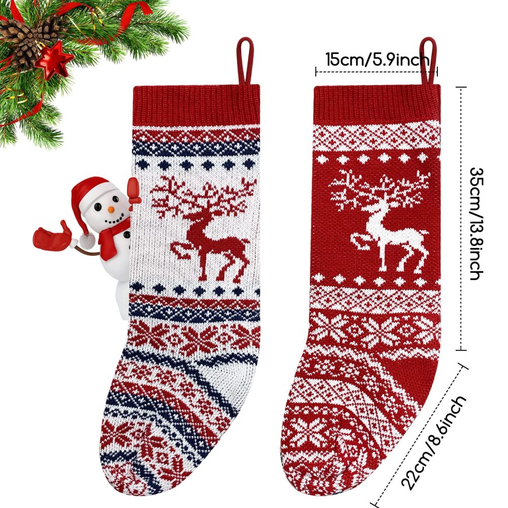 Knitted Christmas Stockings Set of 2, 18 inch Large Christmas Stocking Personalised Knitted Xmas Stocking Hanging for Fireplace Christmas Tree Decorations Sack, Santa and Reindeer Theme Gift Bags - Image 8