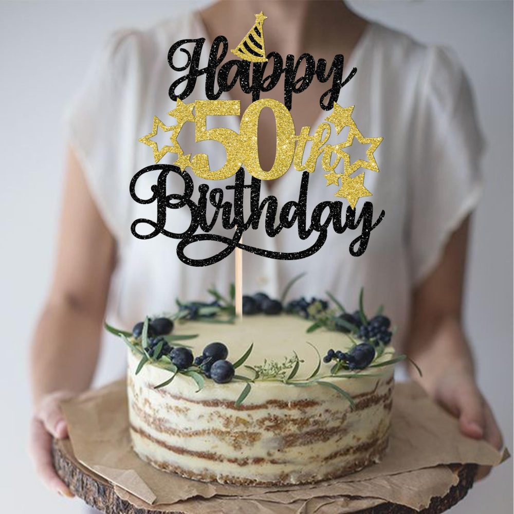 Xsstarmi 1 Pack Happy 50th Birthday Cake Topper Star Hat Glitter Cheers to 50 Years Birthday Cake Pick 50 Fabulous Cake Decorations for Happy 50th Birthday Anniversary Party Supplies Black Gold - Image 3