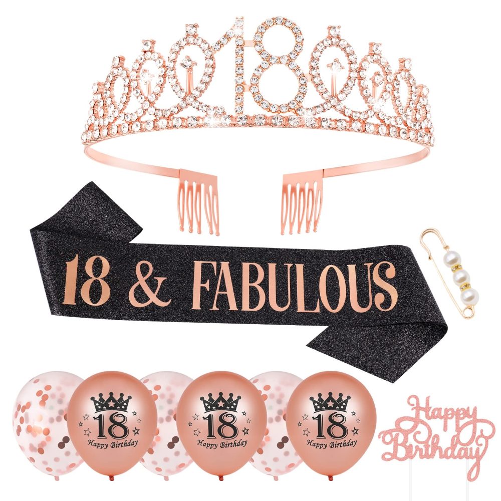 Popuppe 18th Birthday Sash and Tiara Rose Gold 18 & Fabulous Sash Rhinestone Crown Balloons Birthday Cake Topper for Girls Birthday Gift Party Decorations Supplies (Rose Black) - Image 2