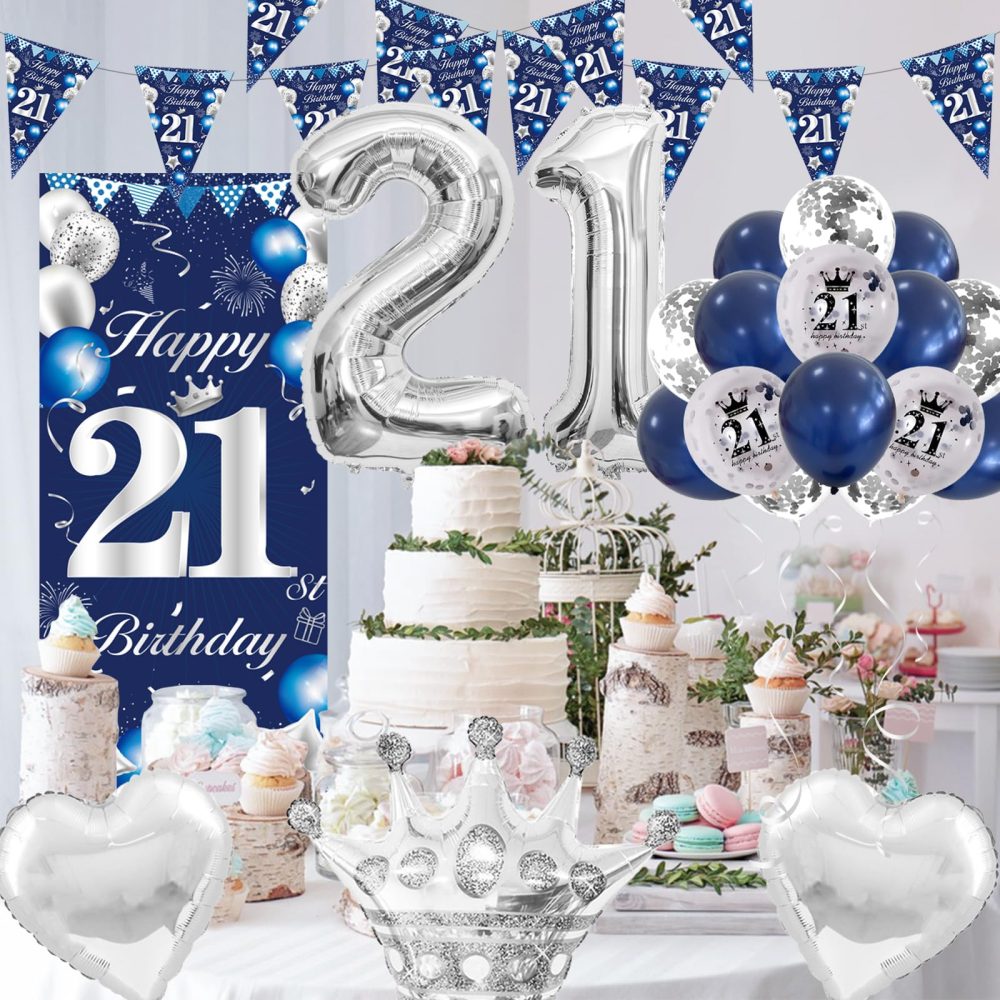 21th Birthday Decorations for Boys Girls Blue and Silver, 21th Birthday Banner Balloons Birthday Balloons Happy Birthday Backdrop Door Banner Number 21 Foil Balloons Party Decorations - Image 6