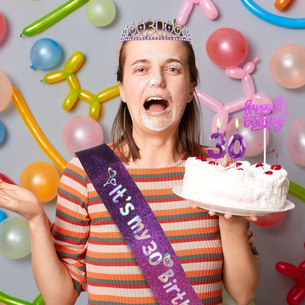 60th Birthday for Woman Decorations,Including Purple 60th Birthday Sash and Birthday Tiara Crown ,60th Birthday Candles Cake Topper Happy Birthday for 60 Year Old Her Gifts Party Supplies - Image 2