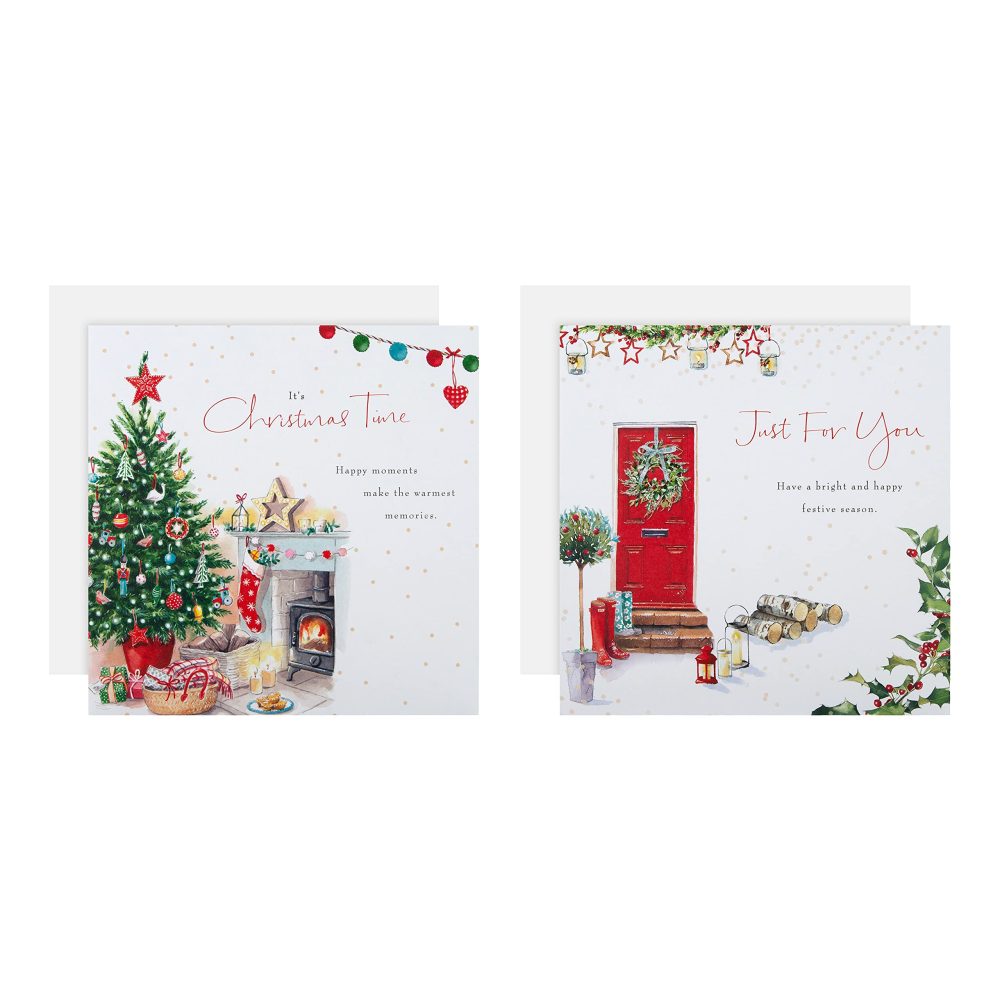 Hallmark Multipack Christmas Cards, Charity Cards, Pack of 16 in 2 Classic Lucy Cromwell Designs, Red Door, Christmas Tree