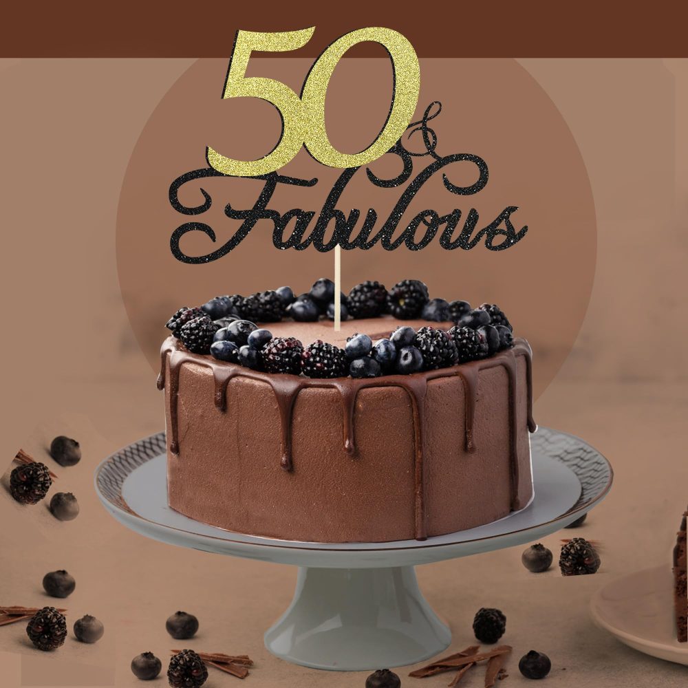 50 & Fabulous Birthday Cake Topper, Siipoo Black Gold Glitter Cake Topper for 50th Happy Birthday Anniversary Engagements Party Decoration Supplies - Image 4