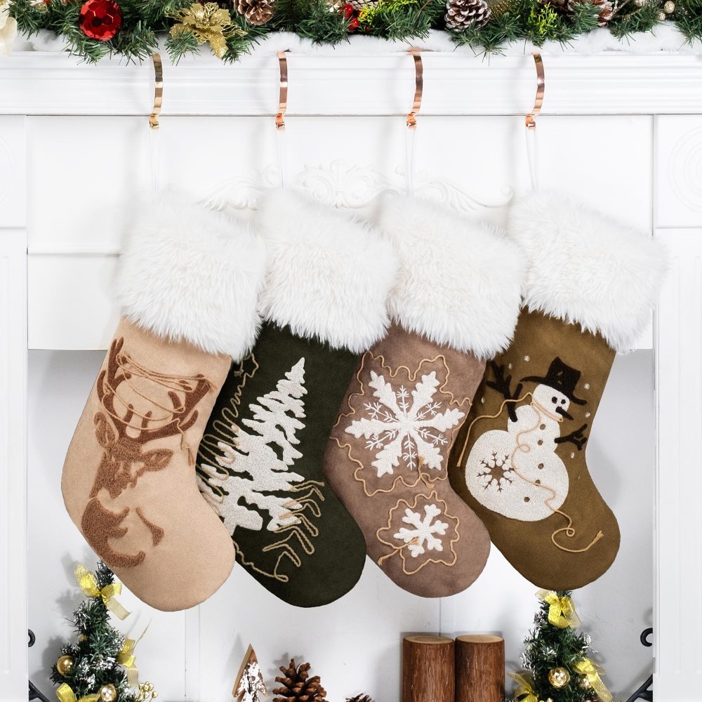 GEX Christmas Stockings 4 Pack for Family Soft Suede with Rope Embroidery Large 20" Fluffy Faux Fur Boho Rustic Farmhouse Country Stockings Decorations Ornaments for Xmas Fireplace (Set of 4)