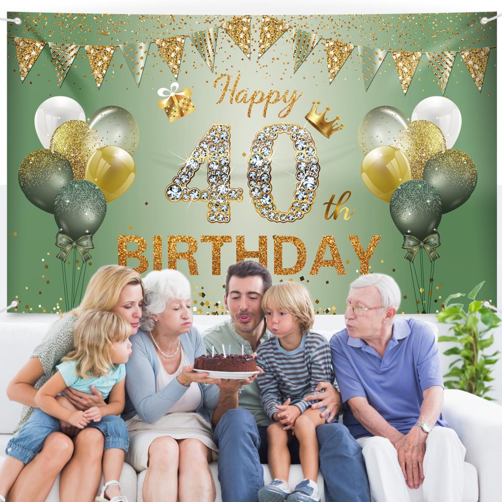 40th Birthday Decorations for Women Men, 40th Birthday Banner, 40th Birthday Backdrop Party Decorations, Sage Green Gold Happy 40th Birthday Banner Background for Birthday Anniversary Party Supplies - Image 2