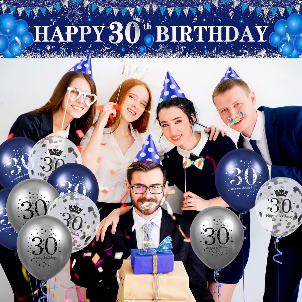 RUMIA Blue 30th Birthday Decorations for Men Women, Navy Blue Silver Happy 30th Birthday Yard Banner, Blue 30th Birthday Balloons for 30th Birthday Anniversary Party Decorations Supplies, A6X8L11 - Image 3