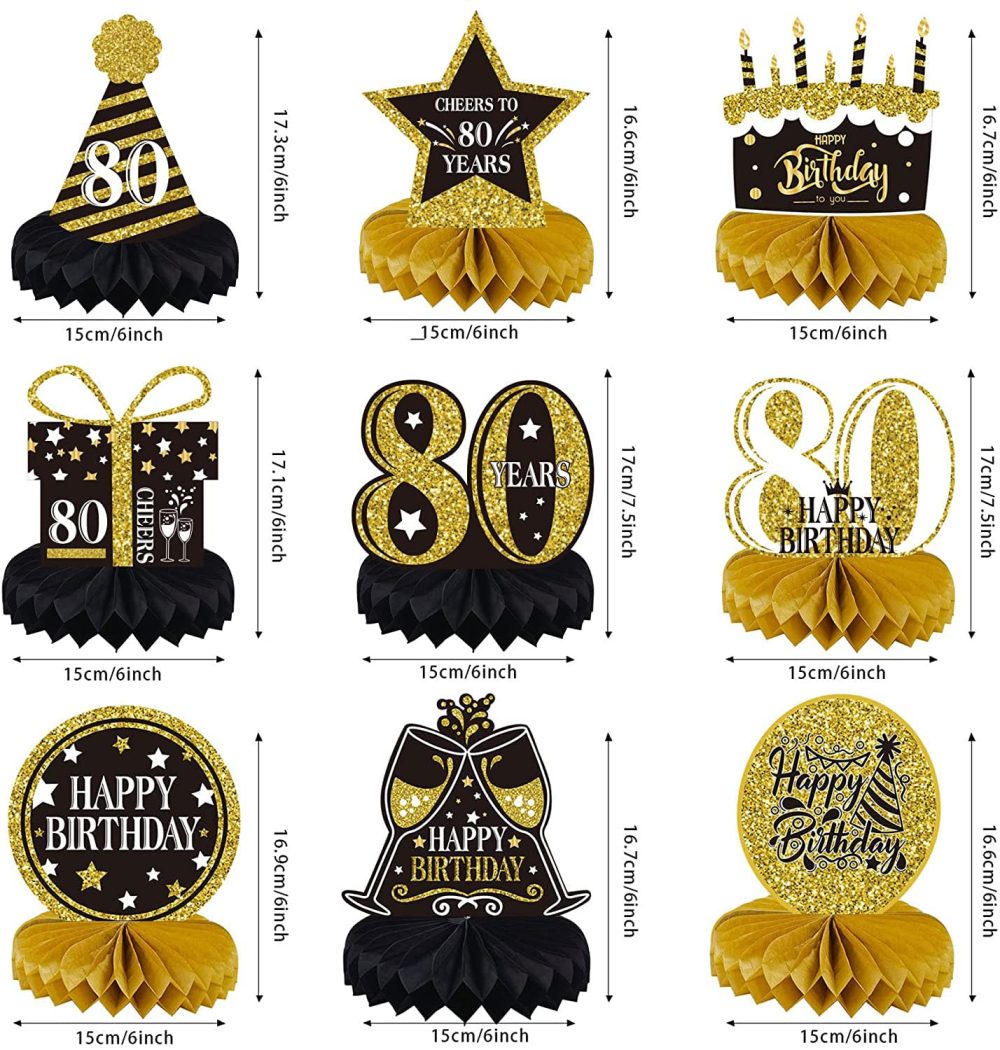 9 Pieces 80th Birthday Decorations for Men Women Black Gold 80th Birthday Centerpieces for Tables Decorations Eighty Years Birthday Party Decoration Supplies (80th-birthday) - Image 7