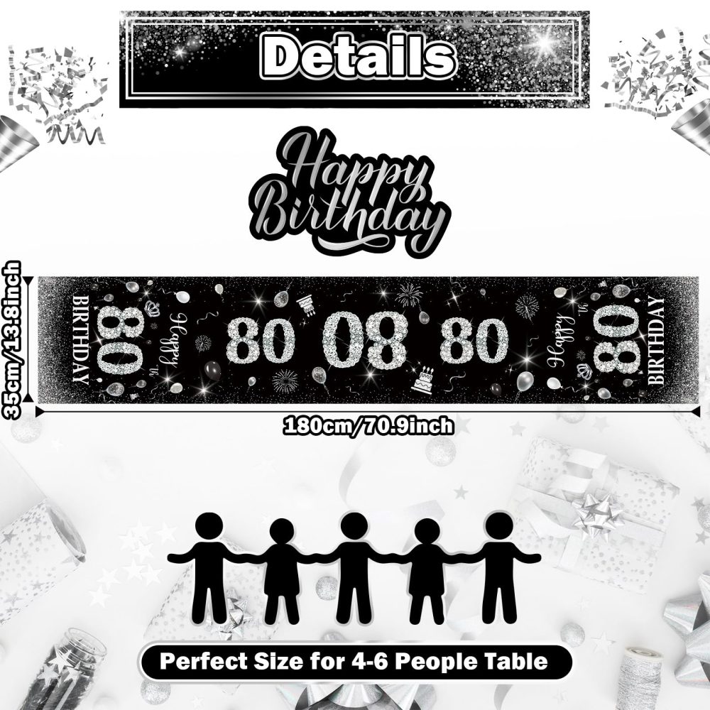 Happy 80th Birthday Table Runner Black Silver 80th Birthday Table Runner for Men Women Him Her 80 Years Old Birthday Celebration Party Decorations Non-Slip Dining Table Linen Cloth Decor 180x35cm Long - Image 7
