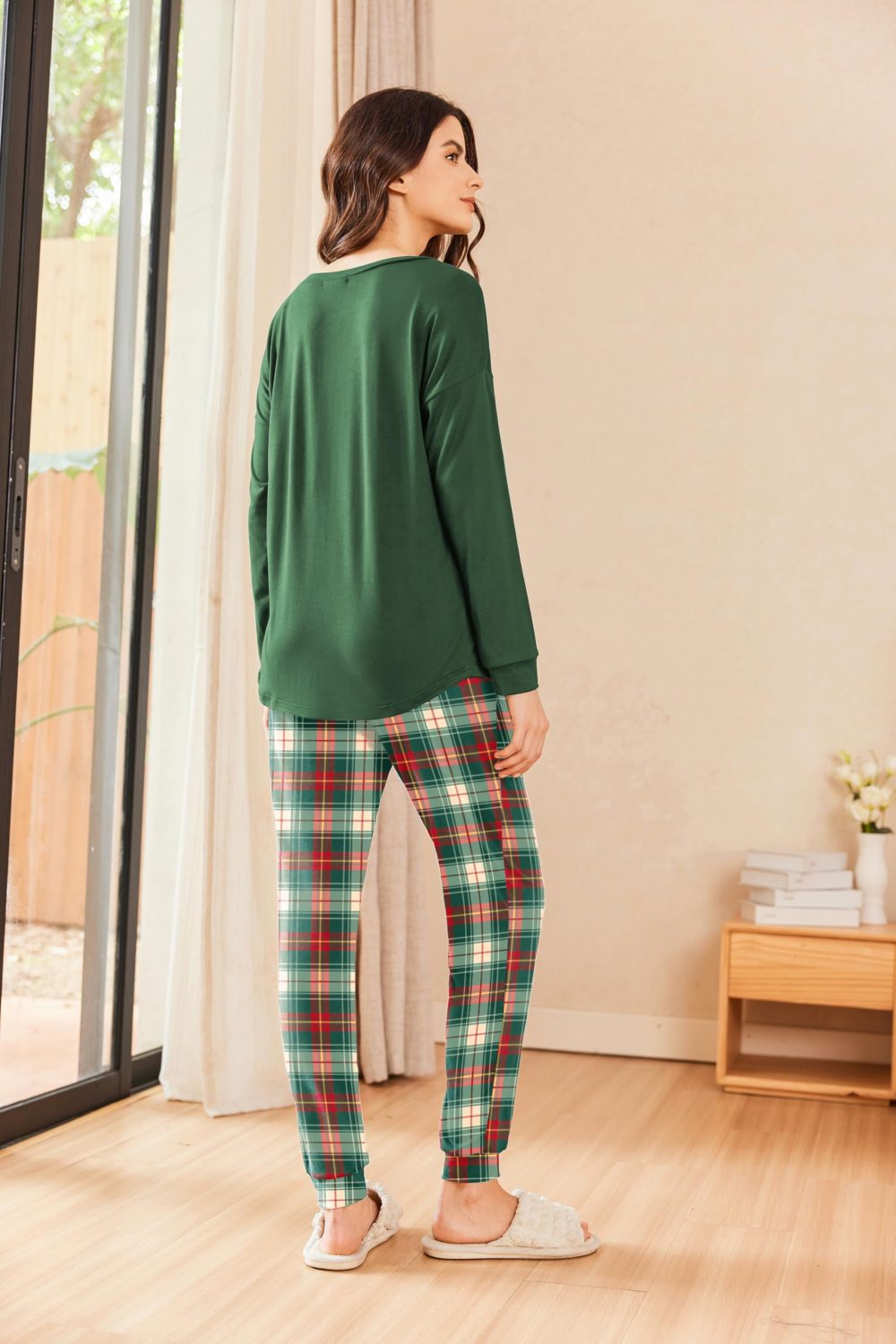 Ekouaer Ladies Plus Size Winter Pjs Fall Colours Plaid Womens Pyjamas Soft Cotton Lounge Set Loungewear, Green Plaid, L - Image 3