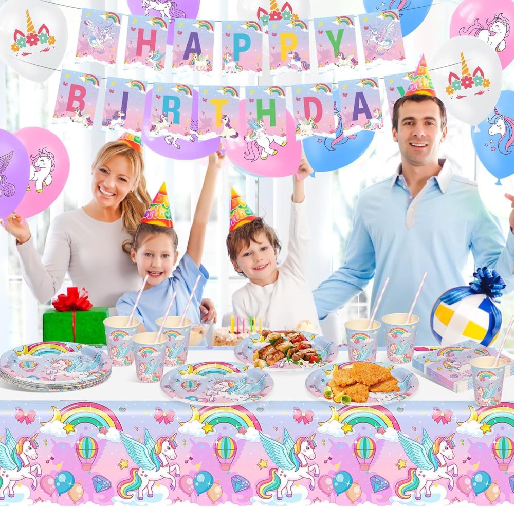 yosiio Unicorn Party Tableware Set, 16 Guests Unicorn Birthday Decoration Set, Party Supplies Paper Plates Cups Napkins Table Cloth Balloons for Kids' Birthday Baby Shower - Image 5