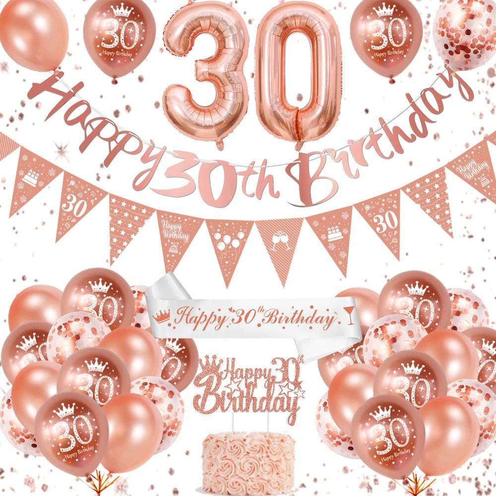 30th Birthday Decorations, Rose Gold 30th Birthday Decorations for Women,Happy 30th Birthday Banner Triangle Flag Bunting 30th Birthday Sash 30th Balloons Cake Topper for Birthday Party Decorations