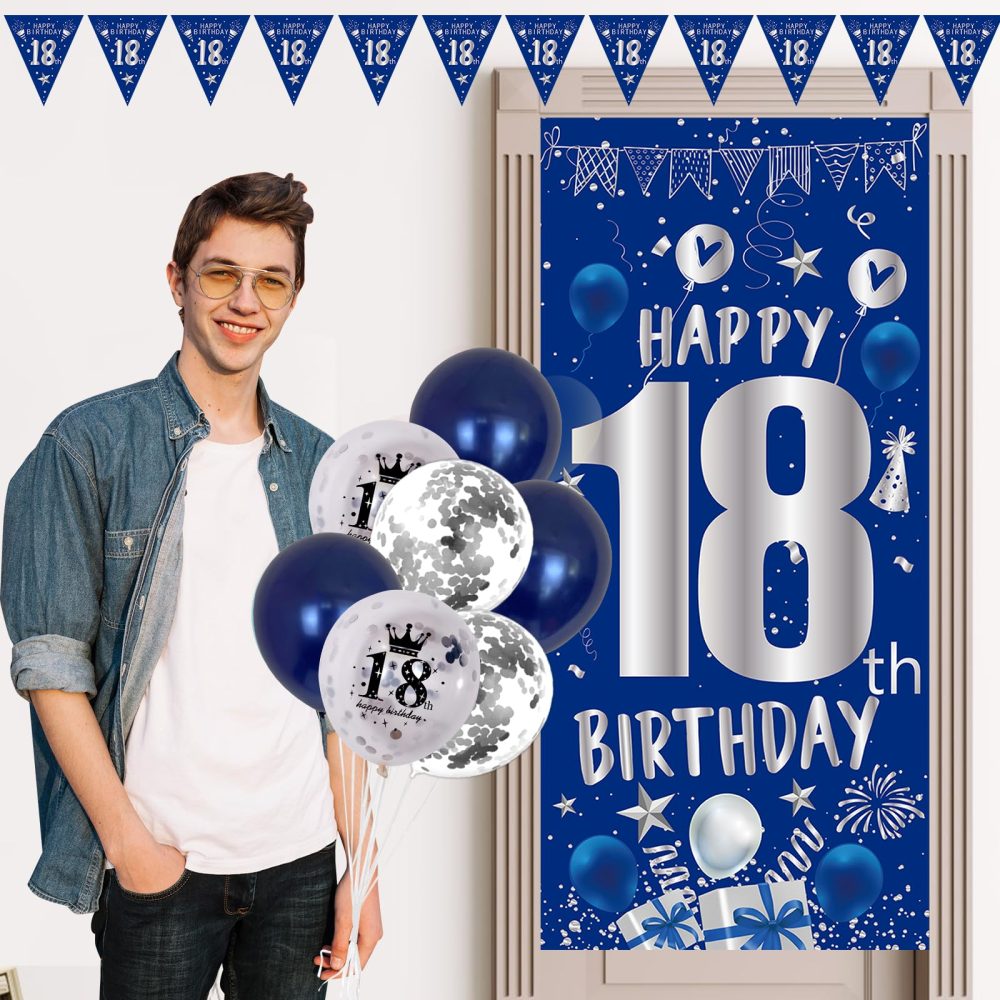 18th Birthday Decorations for Boys Girls Blue and Silver Happy 18th Birthday Banner 18th Birthday Balloons Happy Birthday Backdrop Door Banner Triangle Flag Confetti Balloons 18th Party Supplies - Image 5