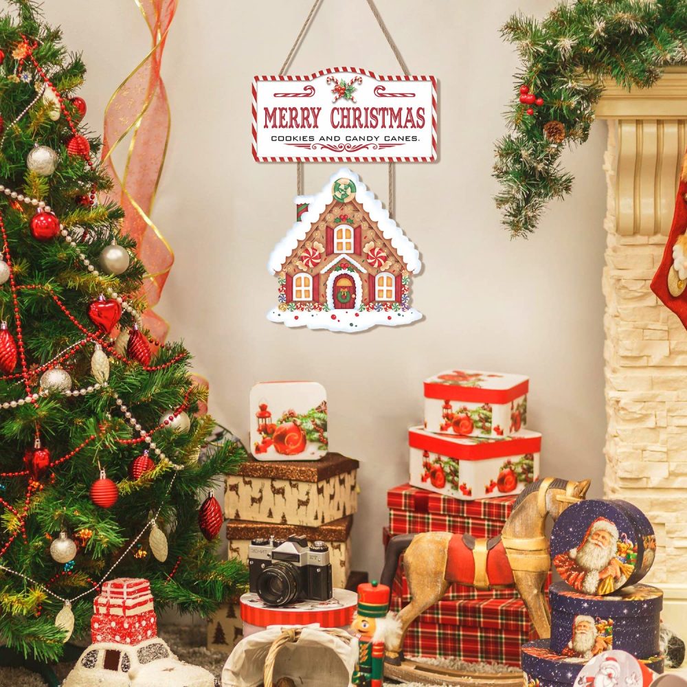 LHIUEM Merry Christmas Gingerbread House Decor for Christmas Wooden Sign Decorations (17x12inch) Xmas Candy Canes Wall Art,Winter Party Hanging Door Sign for Home Festival Porch Front Door Decor - Image 3