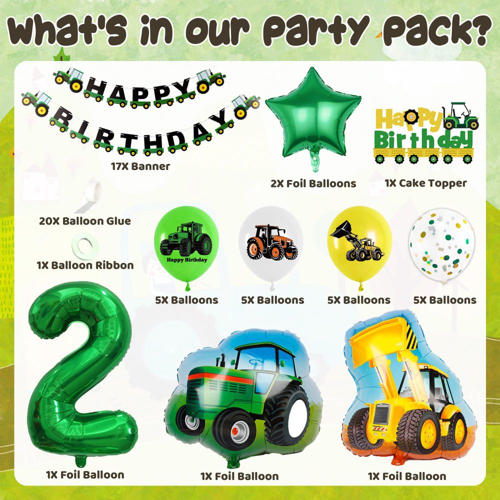 Tractor 2nd Birthday Decorations Boy - Construction Vehicle Themed Party Supplies Includes Happy Birthday Banner Cake Topper Latex Number 2 Stars Tractor Digger Balloons for 2 Year Old Boys Birthday - Image 7