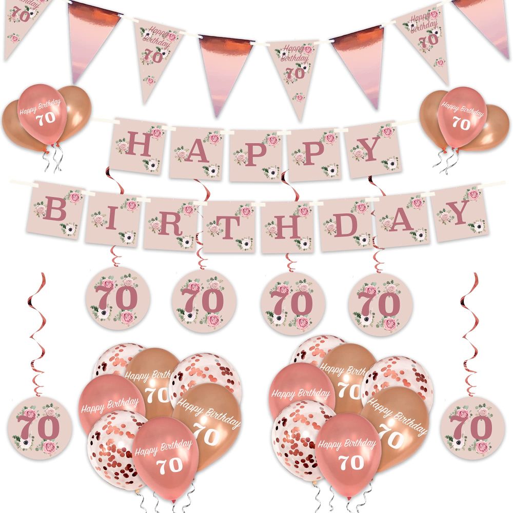 Blue Planet Fancy Dress 70th Birthday Decorations 20Pcs, Rose Gold Party, Pink & Floral Balloons, Flag Bunting, Floral Banner & Hanging Decorations for Girls and Women