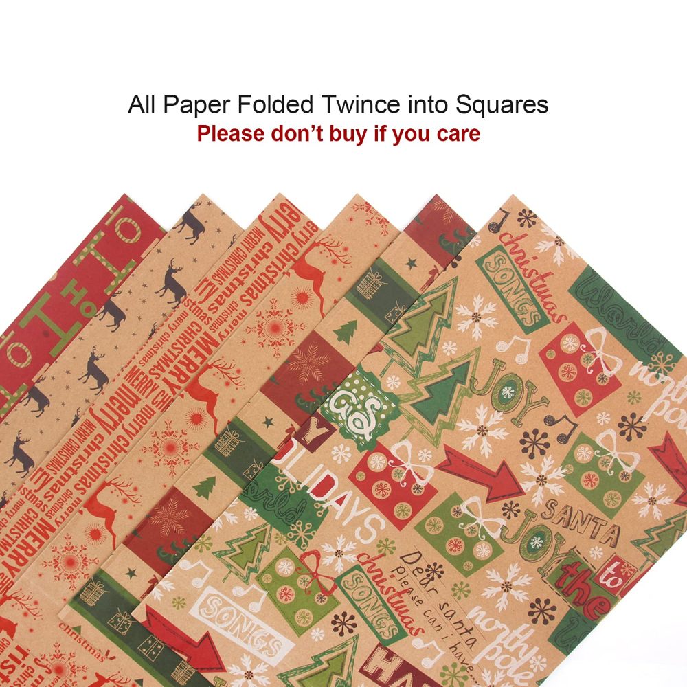 Christmas Wrapping Paper, Made from Recycled Kraft Paper, 12 Folded Sheets 70x50cm with 6 Vintage Designs (Bonus 10m Jute String and 10 Tags) - Image 4