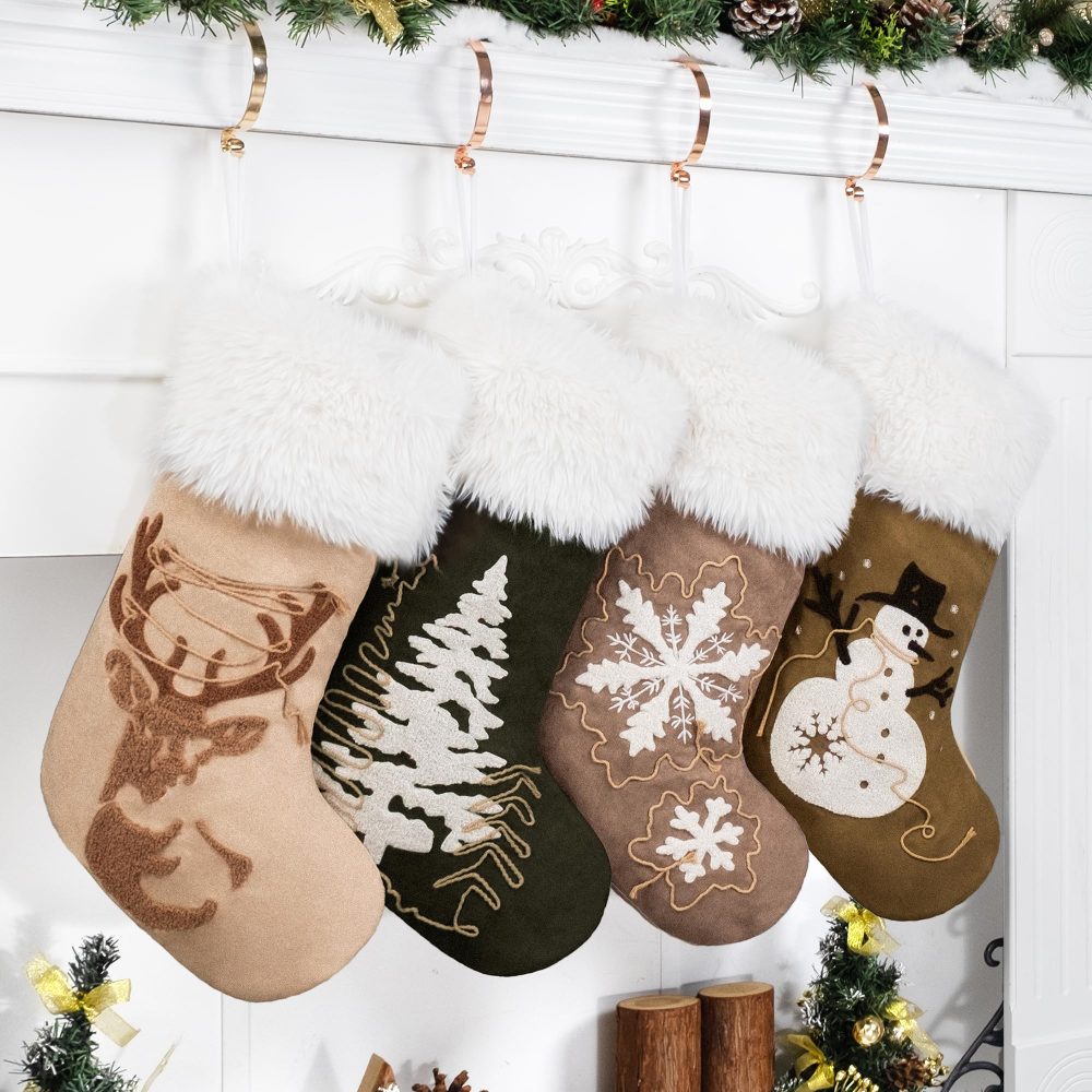 GEX Christmas Stockings 4 Pack for Family Soft Suede with Rope Embroidery Large 20" Fluffy Faux Fur Boho Rustic Farmhouse Country Stockings Decorations Ornaments for Xmas Fireplace (Set of 4) - Image 6