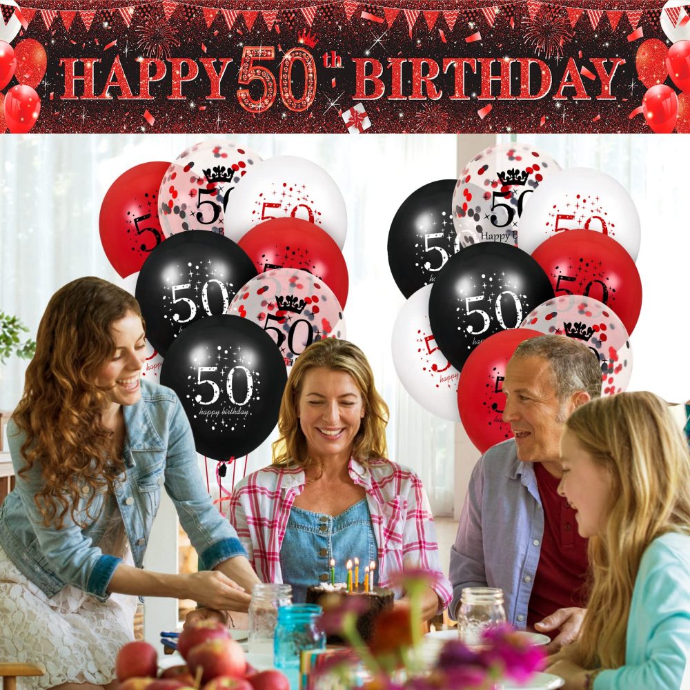 RUMIA Red 50th Birthday Decorations for Men Women, Red Black Glitter 50th Birthday Banner Yard Sign and 16Pcs Red Black 50th Birthday Latex Balloons for 50th Birthday Anniversary Party Supplies (A6X) - Image 7