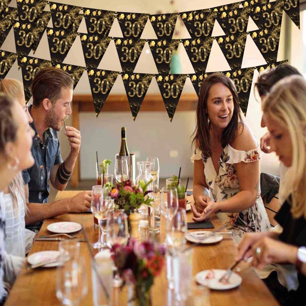 30th Happy Birthday Banner Bunting Flags 40 Pieces Gold and Black Glitter Birthday Anniversary Theme Party Decoration Supplies - Image 4