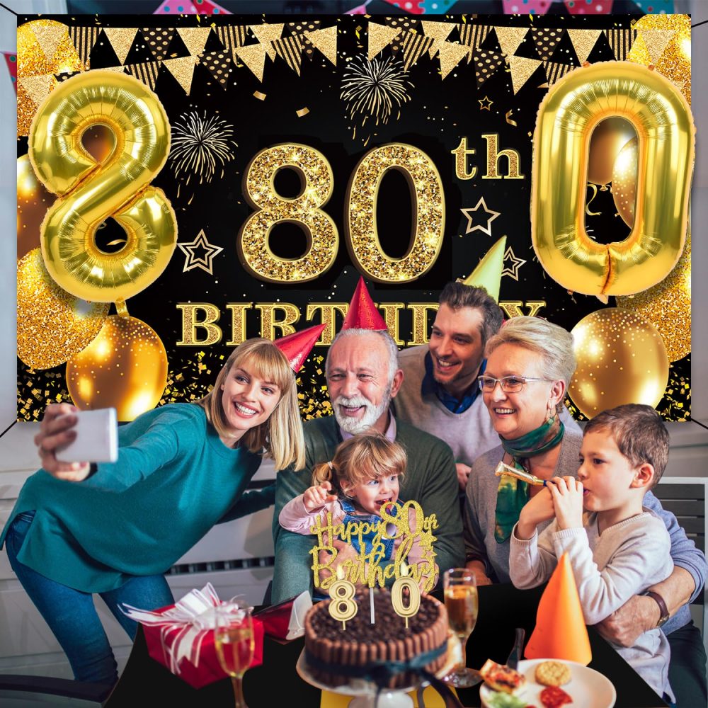 80th Birthday Decorations Men Women, 80th Birthday Banner, Black and Gold Table Cloth, 80 Number Balloons, 80th Birthday Sash, Birthday Cake Topper and 80 Candles, 80th Birthday Gifts Men Women - Image 7