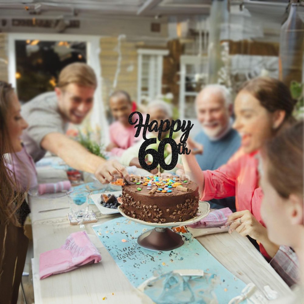 3Pcs Happy 60th Cake Topper Black Glitter Number 60 Sixty Birthday Cake Pick Decorations for Cheers to 60 Years Old 60th Birthday Wedding Anniversary Party Supplies - Image 2